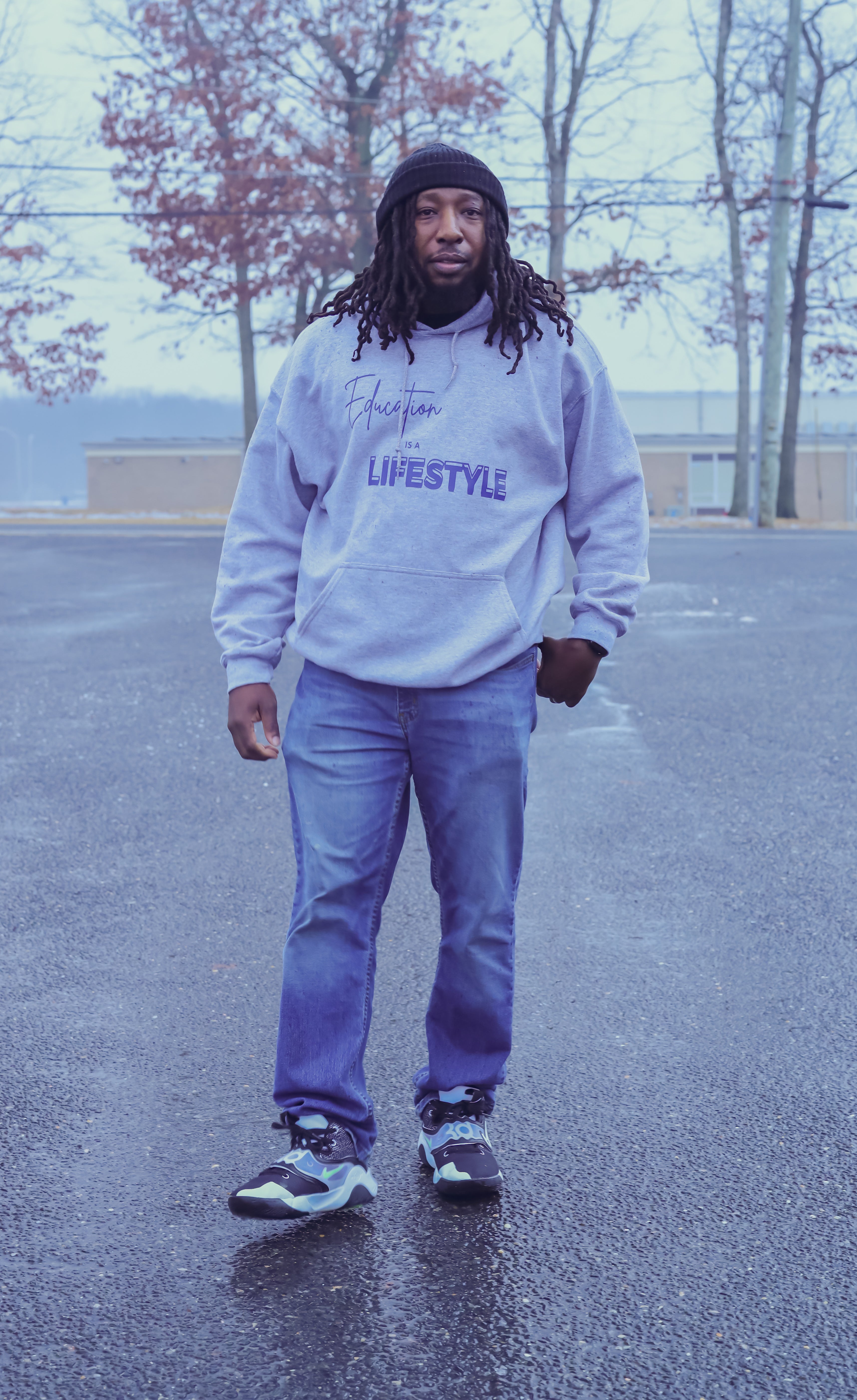 Grey Hoodie with Blue Writing