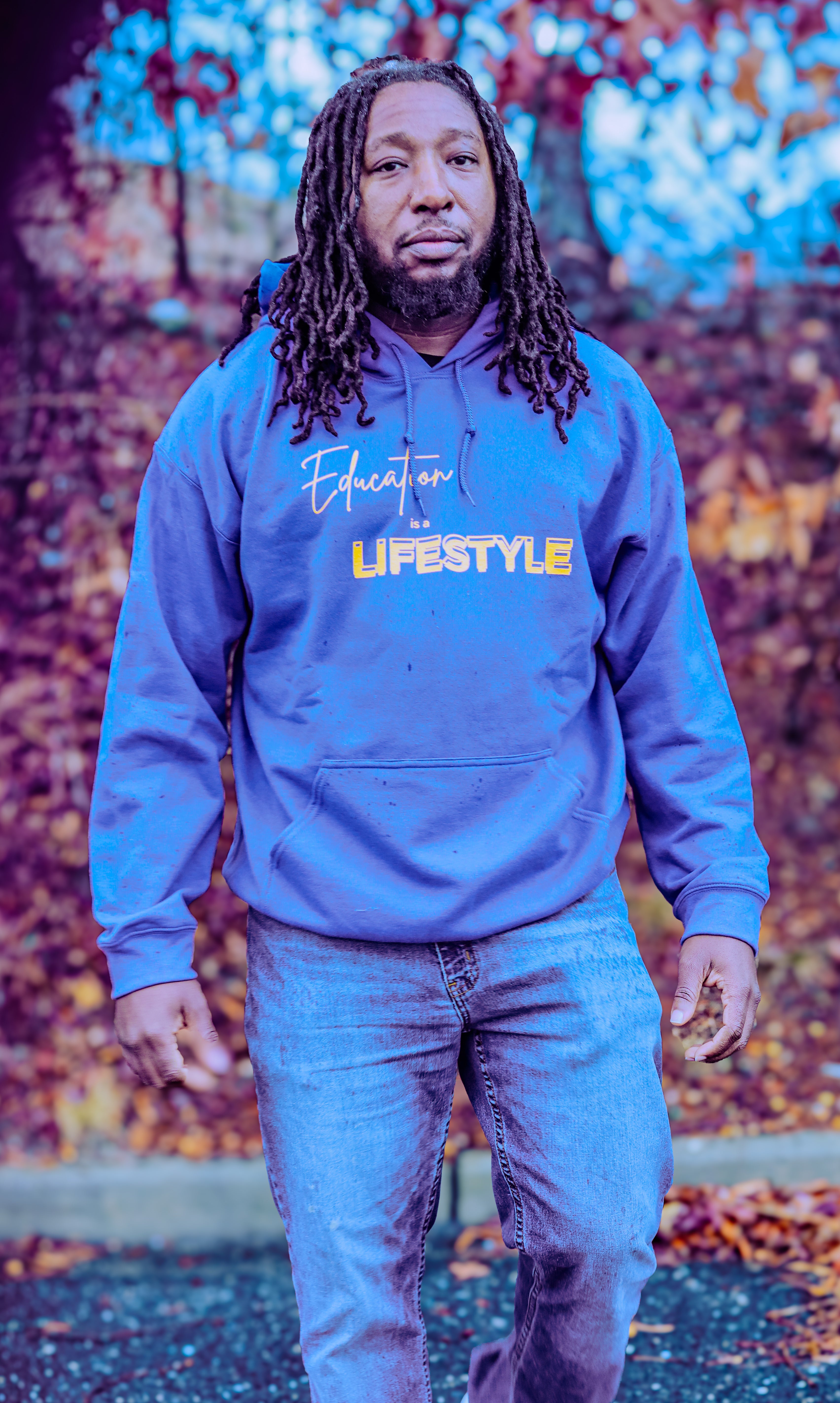 Blue Hoodie with Yellow Writing